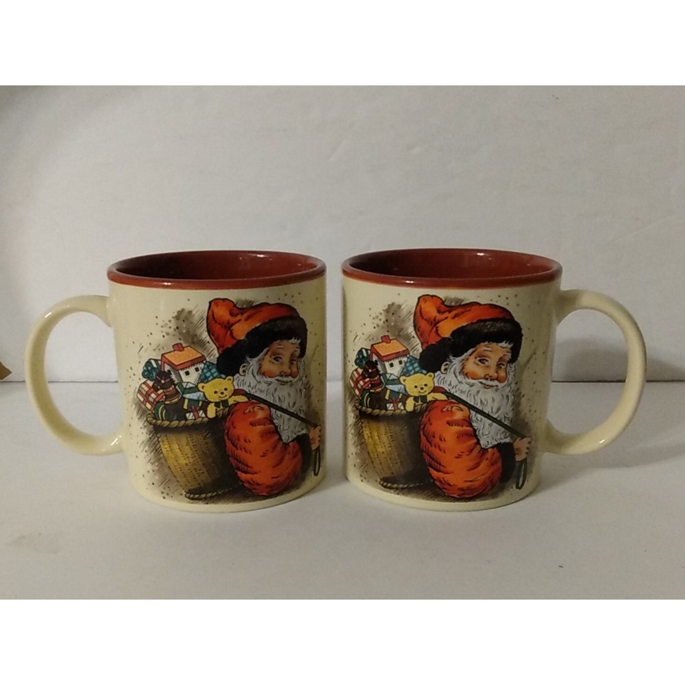 2 VTG Potpourri Press Nostalgic Santa Claus with Toys Coffee Tea Cup Mug red